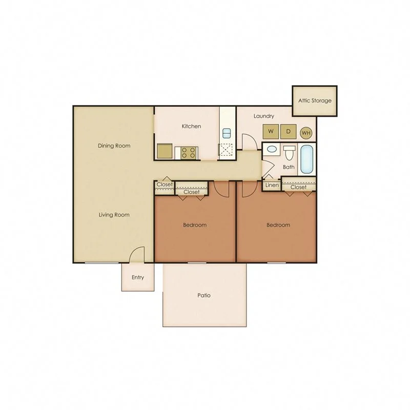 Floor plan for 2 beds, 1 bath, 864 sqft